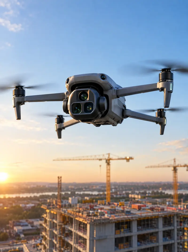 Dron pořizující letecký 360° snímek nad stavbou